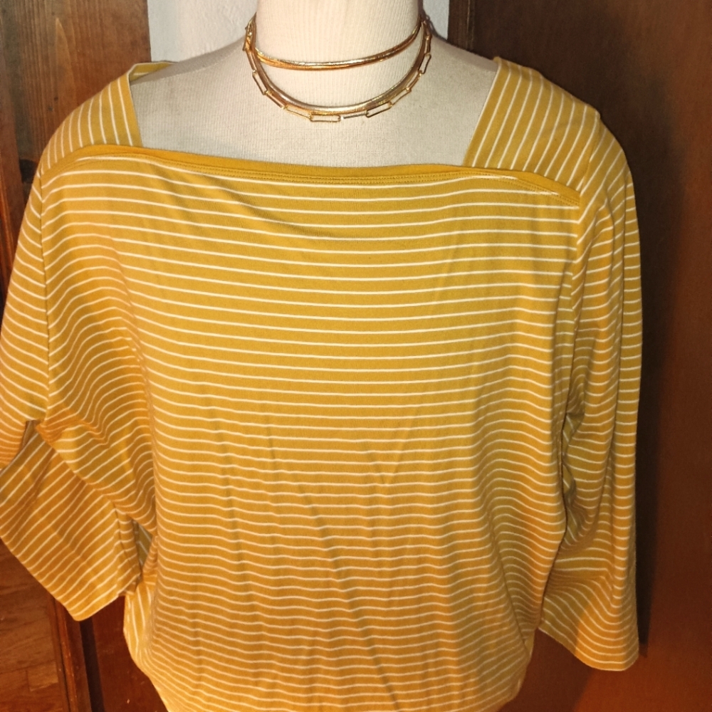 AVA & VIV Gold Striped Knit Top with 3/4 Sleeves Stretch Cotton Size 4X/ 28W-30W